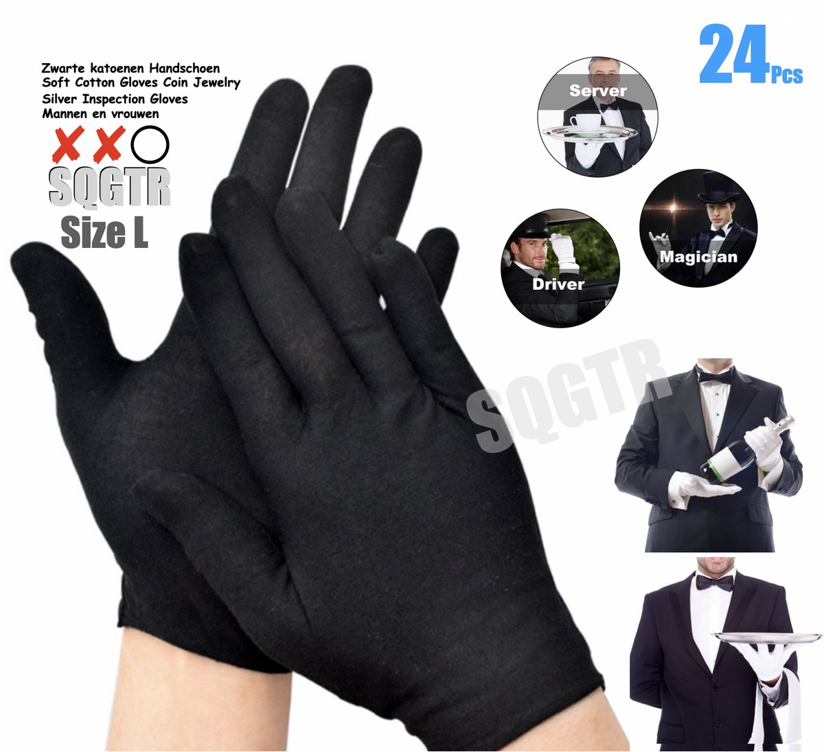 katoenen handschoenen L Zwart - 24 Stuks Mannen Vrouwen Zwart Volledige Vinger Katoenen Handschoenen Hoge Elastische Etiquette Obers Drivers Sieraden Werknemers Wanten Zweet Handschoenen - Gloves Cotton - Maat L 12 Paar katoenen handschoenen