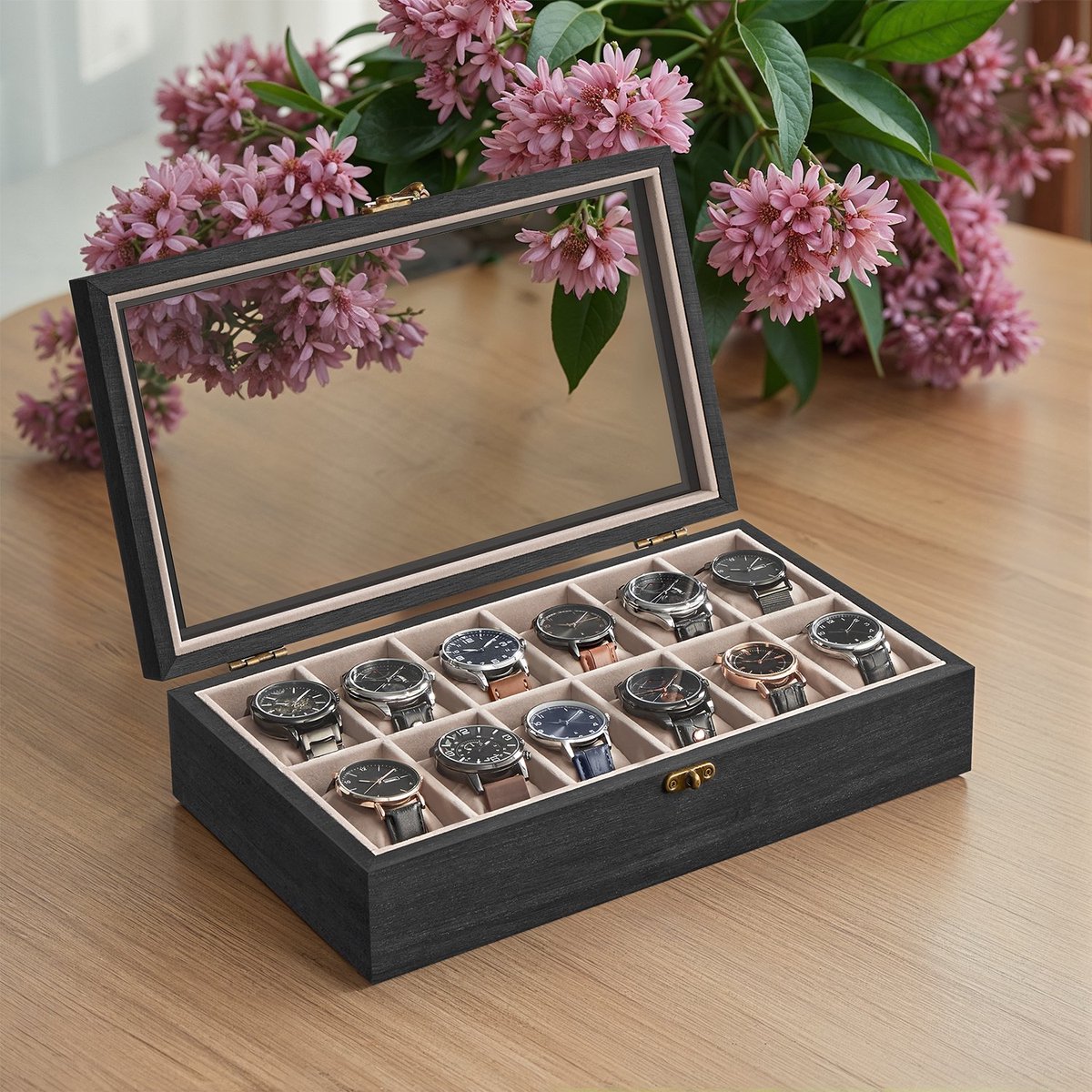 Horlogedoos van massief hout, met glazen deksel en 12 vakken, cadeau-idee