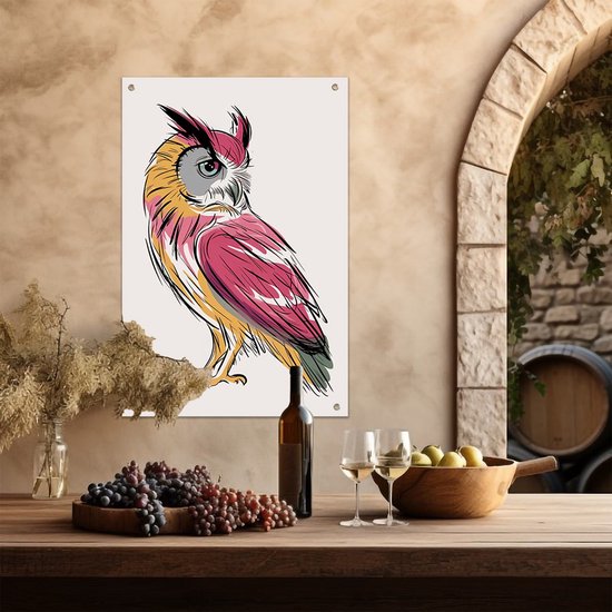 Kleurrijke moderne uil lijntekening - Uil tuinposter - Poster van buiten dier - Lijntekening - Weerbestendige poster - Weerbestendige tuinposter - tuinposter 60x90 cm