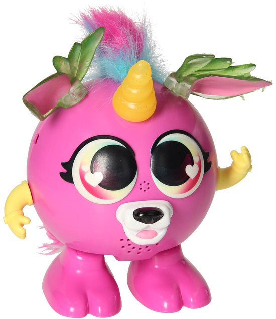 Roze speelgoedfiguur met gouden hoorn, groene vleugels en paarse voeten.