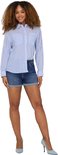 Model draagt een blauwgestreepte blouse en denim shorts met opgerolde zoom.