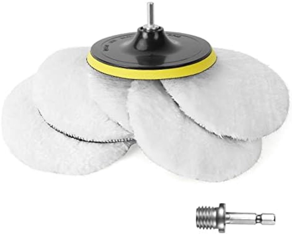 PolkaHome Wool Polijstset, 5-delige 150mm Polijstschijven met 2 Boorstangconnectoren (Rond en Zeshoekig) en 1 Zuignappen, Polijstset voor M14 Booradapter Auto Polijstmachine