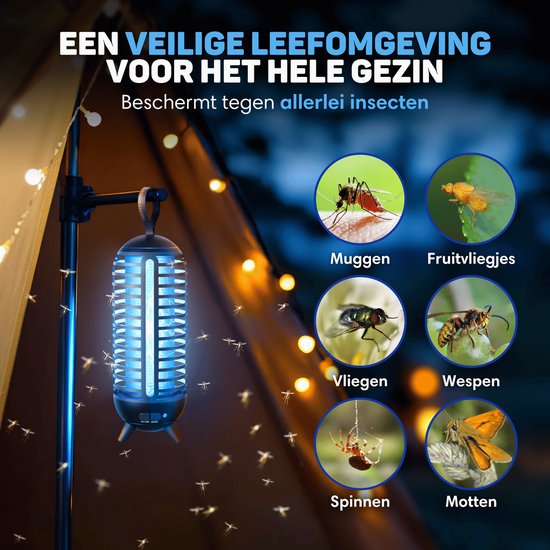 IP66 waterbestendige muggenlamp die buiten in de regen wordt gebruikt. Tegen muggen, fruitvliegjes, vliegen, wespen, spinnen en motten.
