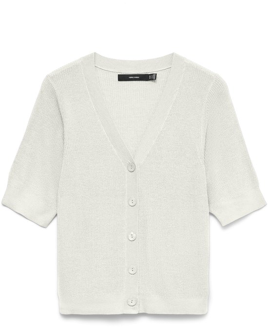 Gilet tricoté écru à col en V, manches courtes et fermeture boutonnée.