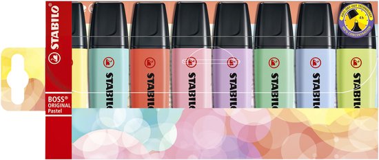 Een verpakking met acht Stabilo Boss Original Pastel markeerstiften in pastelkleuren.