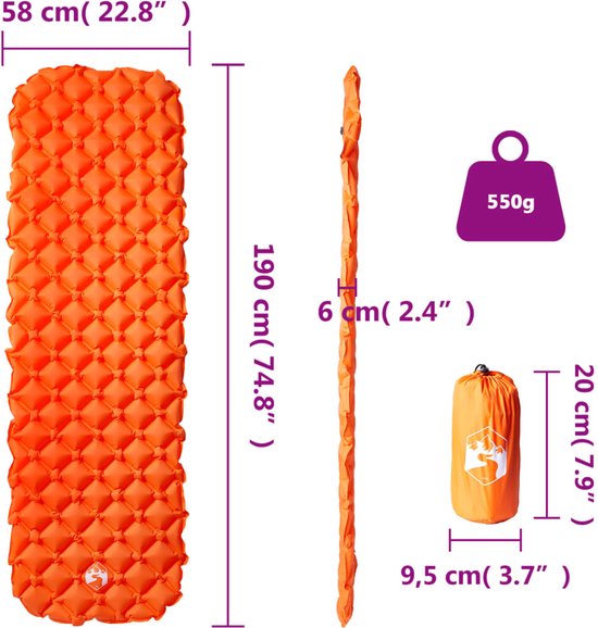 vidaXL - Kampeermatras - opblaasbaar - 190x58x6 - cm - 1-persoons - oranje van Vidaxl — afbeelding 5