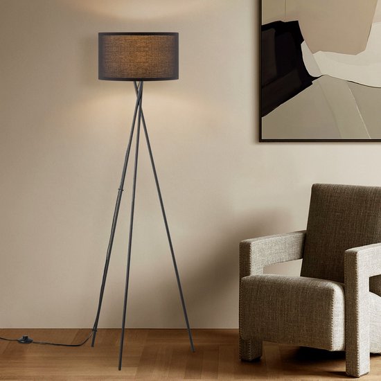 Moderne E27 LED Vloerlamp - 28/28/173.5 cm - Zwart - Metalen Staande Lamp met Wit Lampenkap - Geïntegreerde