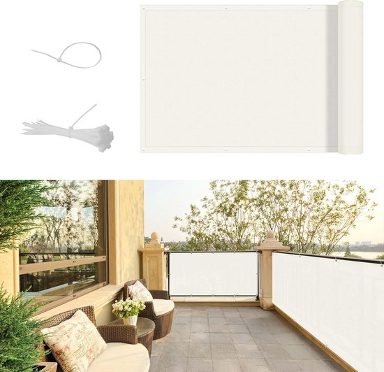 Balkonscherm 100 x 525 cm HDPE Licht Transparant, Ademend, Zonwering, Wind- en Uv-Bescherming, Privacy Scherm Voor Balkon met Kabelbinders Voor Tuin, Patio, Schutting, Bruin