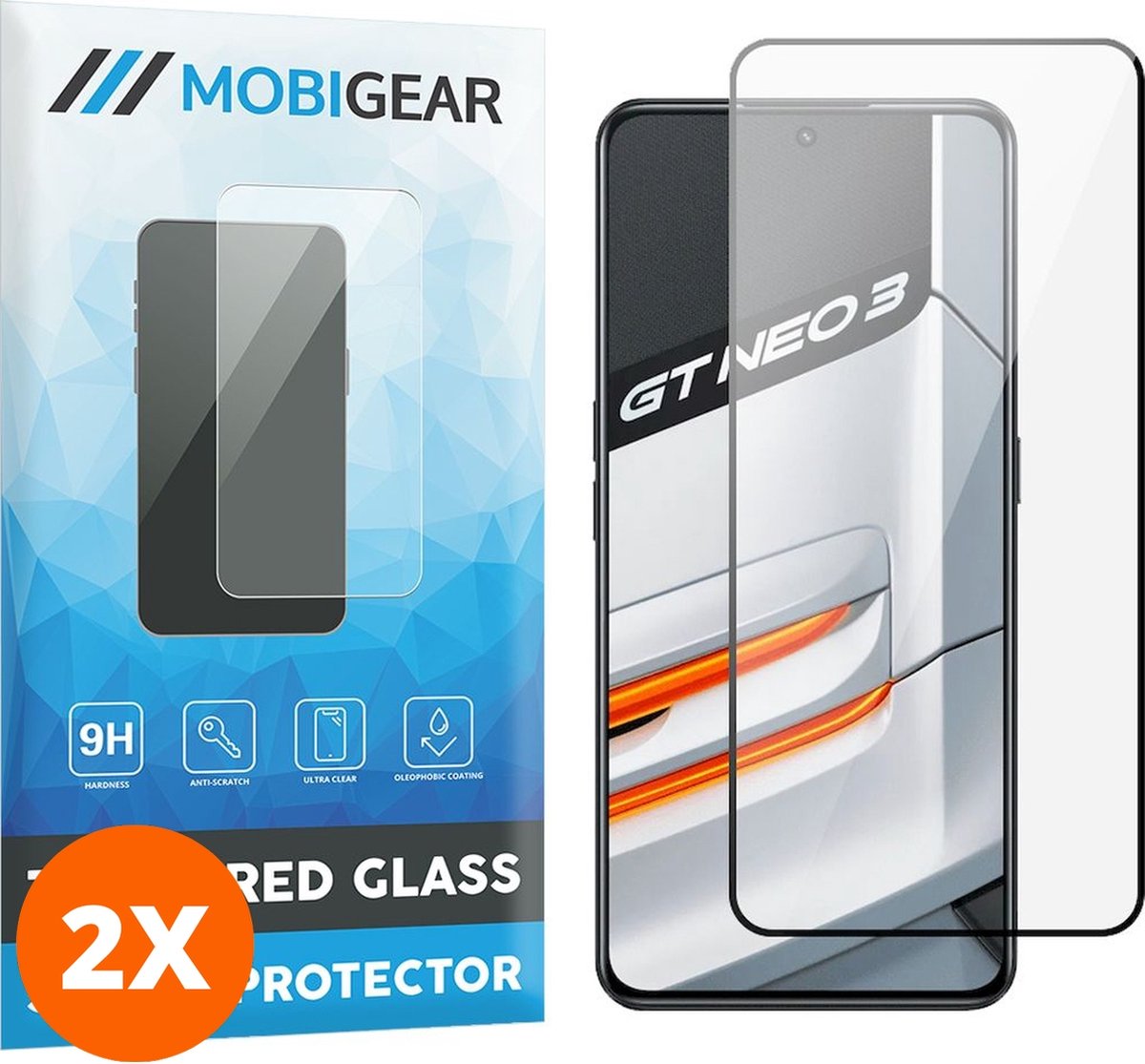Mobigear Screenprotector geschikt voor Realme GT Neo 3 Glazen | Mobigear Premium Screenprotector - Case Friendly - Zwart (2-Pack)