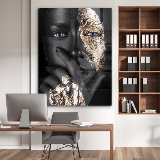 MuchoWow® Peinture sur verre 120x160 cm - Peinture sur verre acrylique - Femme - Or - Zwart - Maquillage - Luxe - Photo sur verre - Peintures