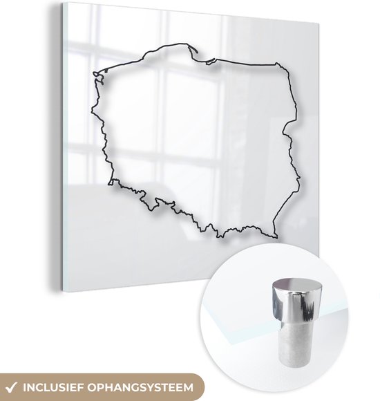 MuchoWow® Glasschilderij 90x90 cm - Schilderij acrylglas - Zwart-wit illustratie van Polen - Foto op glas - Schilderijen