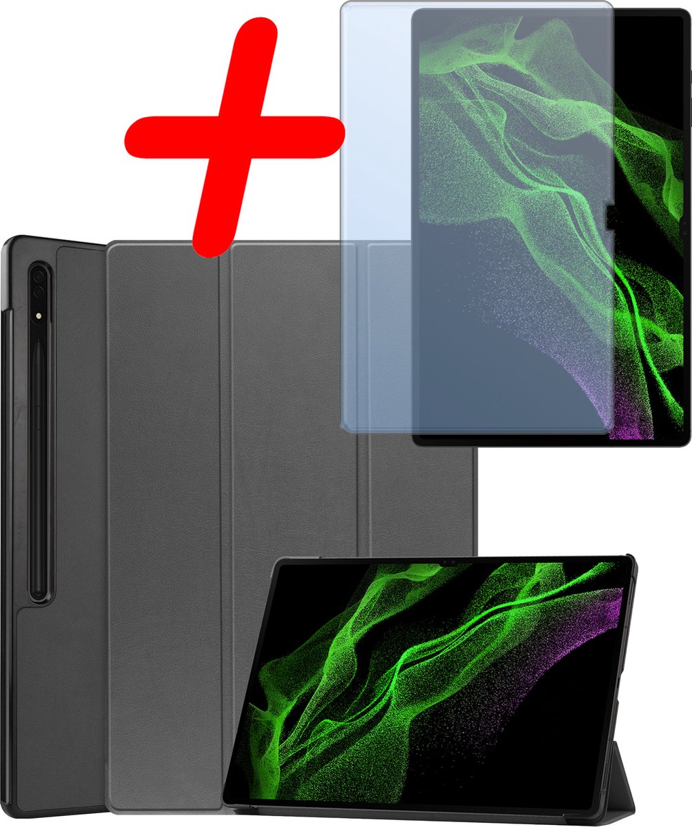 Hoesje Geschikt voor Samsung Galaxy Tab S9 Ultra - Met Screenprotector - Trifold Bookcase - Hard Cover Case - Met Uitsparing Geschikt voor S Pen - Hardcover Book - Tablet Hoes - Grijs