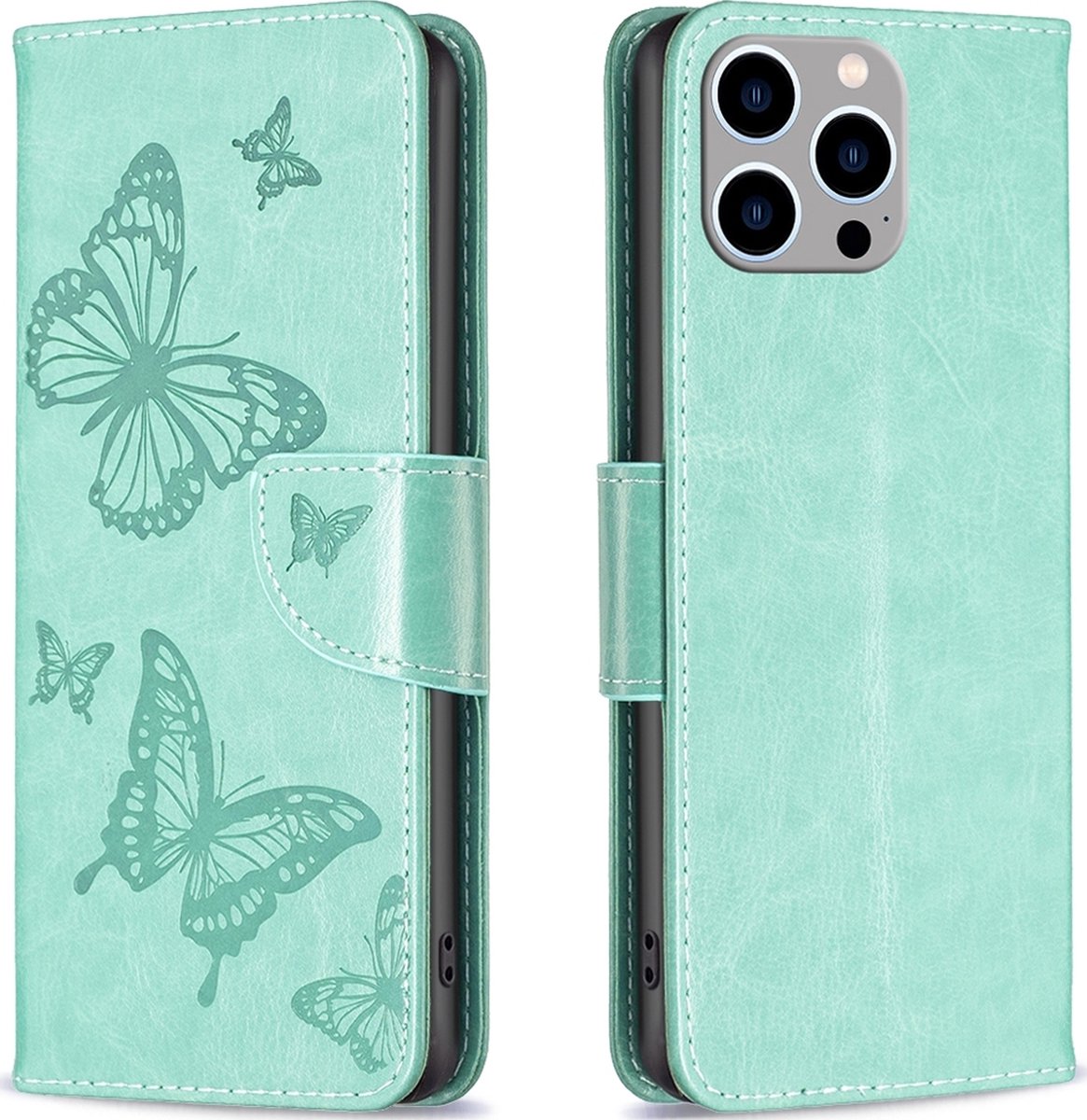 Mobigear Telefoonhoesje geschikt voor Apple iPhone 15 Pro Max Hoesje | Mobigear Butterfly Bookcase Portemonnee | Pasjeshouder voor 3 Pasjes | Telefoonhoesje voor Pinpas / OV Kaart / Rijbewijs - Groen