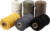 Macramé Koord - Gerecycled Katoen - DIY Creatief Knoopwerk - Hobbymateriaal - Dikke Koorden - Hangende Mandjes - Wandkleden - 55 m - 4 mm - 6x330 Gr - Diverse Kleuren - Incl. Gift