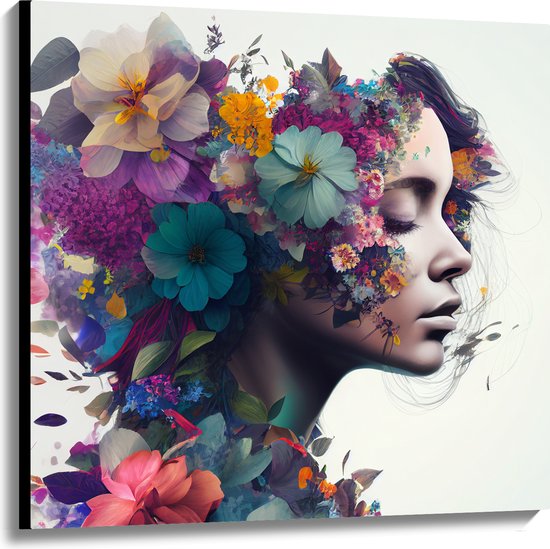 Canvas - Vrouw met Kapsel van Kleurrijke Bloemen tegen Witte Achtergrond - 100x100 cm Foto op Canvas Schilderij (Wanddecoratie op Canvas)
