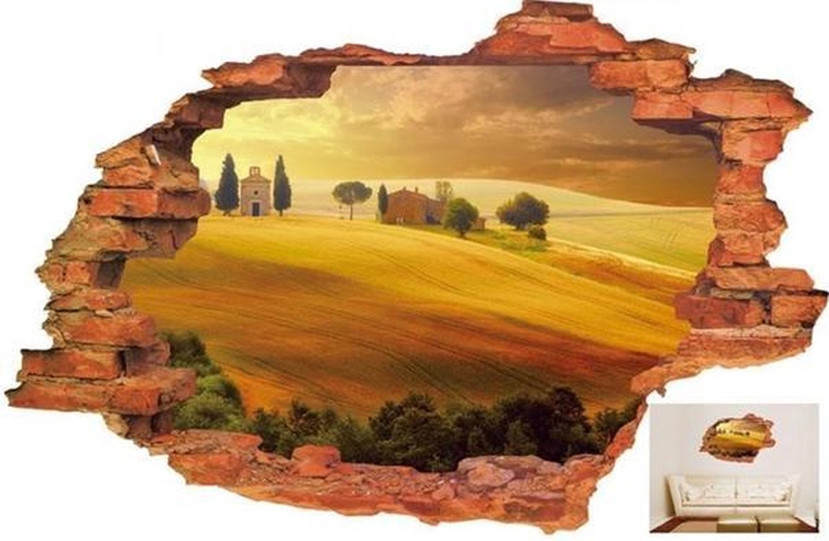 Decoratieve Muursticker - Gat in muur - Weiland op heuvel - Wanddecoratie sticker