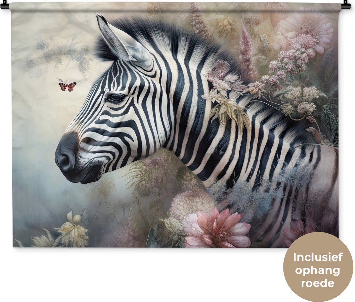 Wandkleed - Wanddoek - Zebra - Wilde dieren - Vlinder - Bloemen - 150x112 cm - Wandtapijt