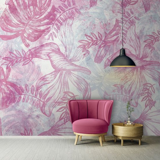 Papier Papier peint photo Intissé - Feuilles de Jungle Botanique Rose - 254 x 184 cm