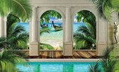 Fotobehang - Vlies Behang - Tropisch Uitzicht op de Palmbomen, Zee en het Strand in Hawaii door de Pilaren - 3D - 368 x 254 cm