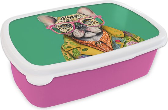 Lunch box Rose - Lunch box - Boîte à pain - Bouledogue - Lunettes - Design - Chien - Animaux - 18x12x6 cm - Enfants - Fille