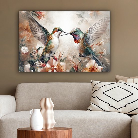 Tableau sur toile Colibri - Vogels - Fleurs - Nature - 90x60 cm - Décoration murale