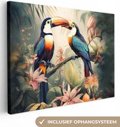 Canvas Schilderij Toekan - Vogels - Bloemen - Natuur - Jungle - 80x60 cm - Wanddecoratie