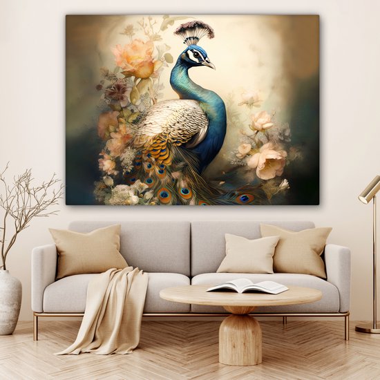 Tableau sur toile Paon - Plumes de paon - Fleurs - Vogels - Botanique - 160x120 cm - Décoration murale XXL