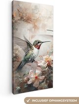 Canvas Schilderij Kolibrie - Vogels - Bloemen - Planten - 20x40 cm - Wanddecoratie
