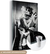 MuchoWow® Glasschilderij 60x90 cm - Schilderij acrylglas - Vrouw - Vintage - Krulspelden - Toilet - Sigaret - Foto op glas - Muurdecoratie woonkamer - Wanddecoratie slaapkamer - Schilderijen