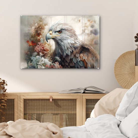 MuchoWow® Glasschilderij 60x40 cm - Schilderij acrylglas - Arend - Adelaar - Vogel - Bloemen - Natuur - Foto op glas - Schilderijen