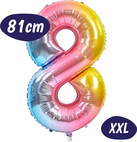 Folieballon - Cijfer Ballon 8 - Regenboog - 70cm - Incl. Opblaasrietje - Verjaardag Versiering - Helium Folie Ballonnen