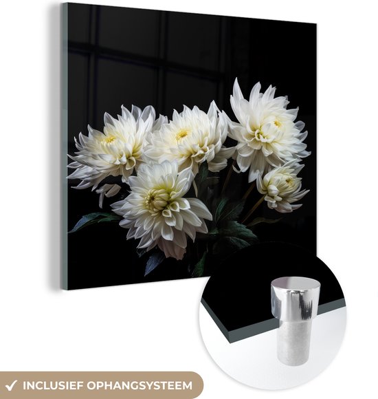 MuchoWow® Glasschilderij 90x90 cm - Schilderij acrylglas - Bloemen - Chrysant - Wit - Natuur - Botanisch - Foto op glas - Schilderijen