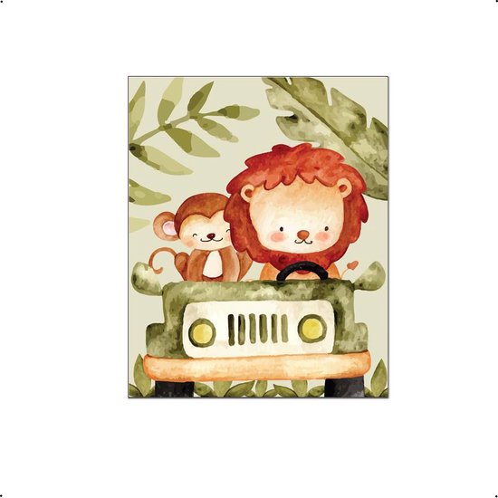 PosterDump - Poster Aapje en Leeuw in de Jeep in de Jungle - Jungle / Safari Poster - Kinderkamer / Babykamer - 30x21cm / A4