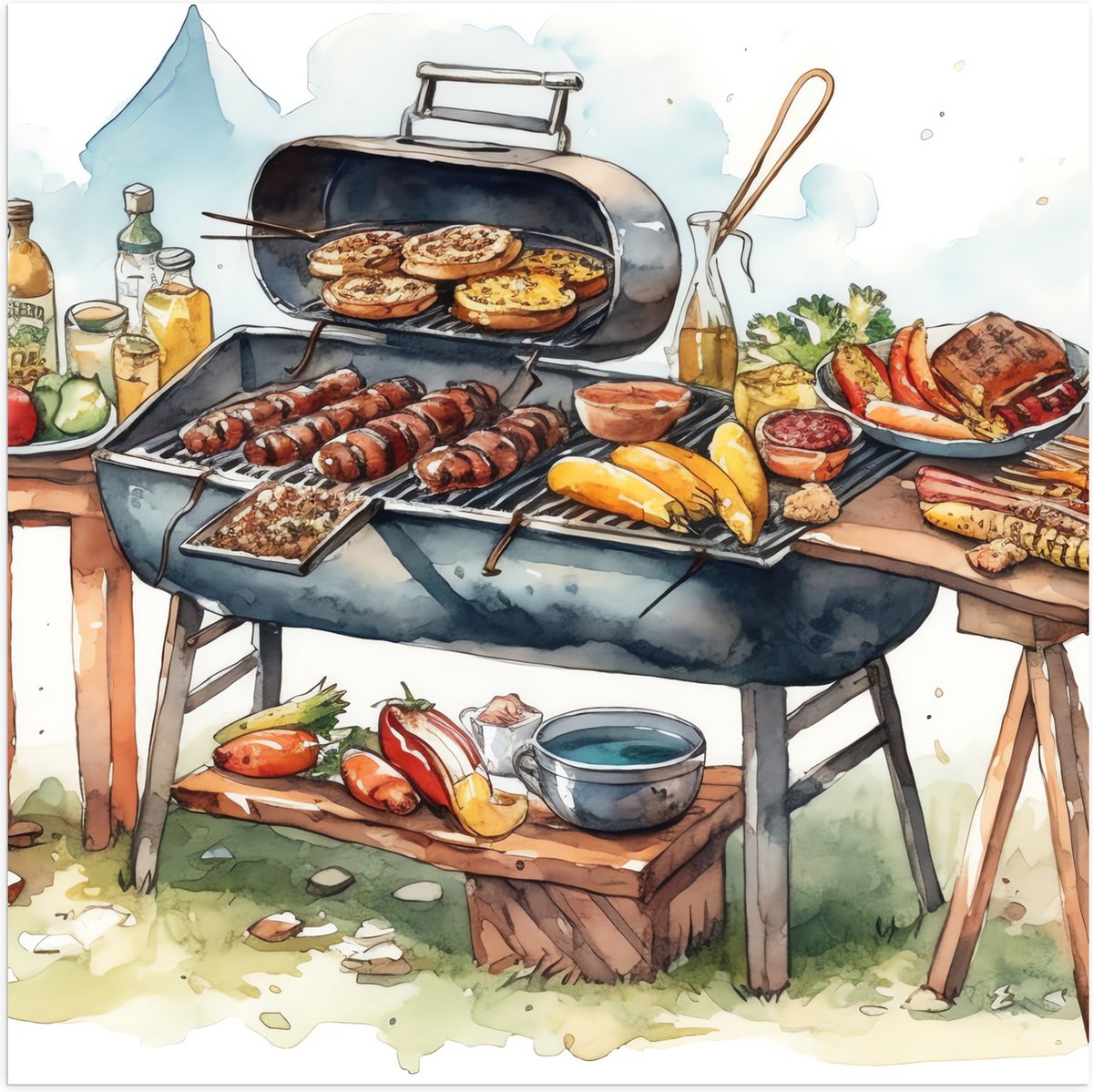 Poster Glanzend – Tekening met Barbecue met Eten - 50x50 cm Foto op Posterpapier met Glanz