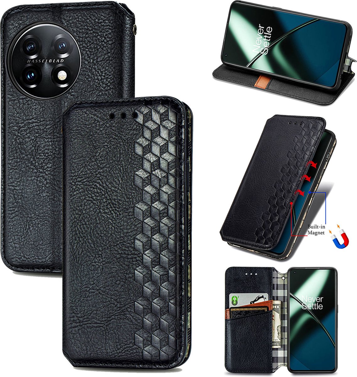 Luxe PU Lederen Ruitpatroon Wallet Case + PMMA Screenprotector voor OnePlus 11 _ Zwart