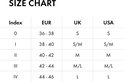 Maattabel voor panty's met index, EUR, UK en USA maten.