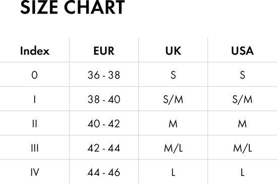 Maattabel voor panty's met index, EUR, UK en USA maten.