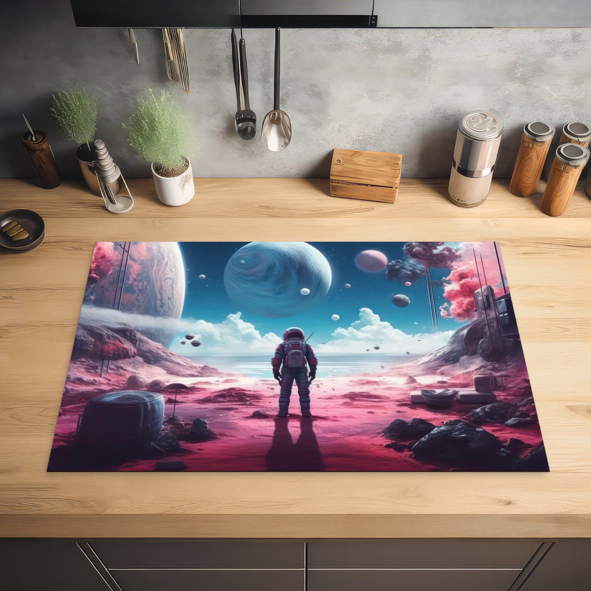 KitchenYeah® Inductie beschermer 80x52 cm - Astronaut - Ruimte - Planeten - Wolken - Kookplaataccessoires - Afdekplaat voor kookplaat - Inductiebeschermer - Inductiemat - Inductieplaat mat