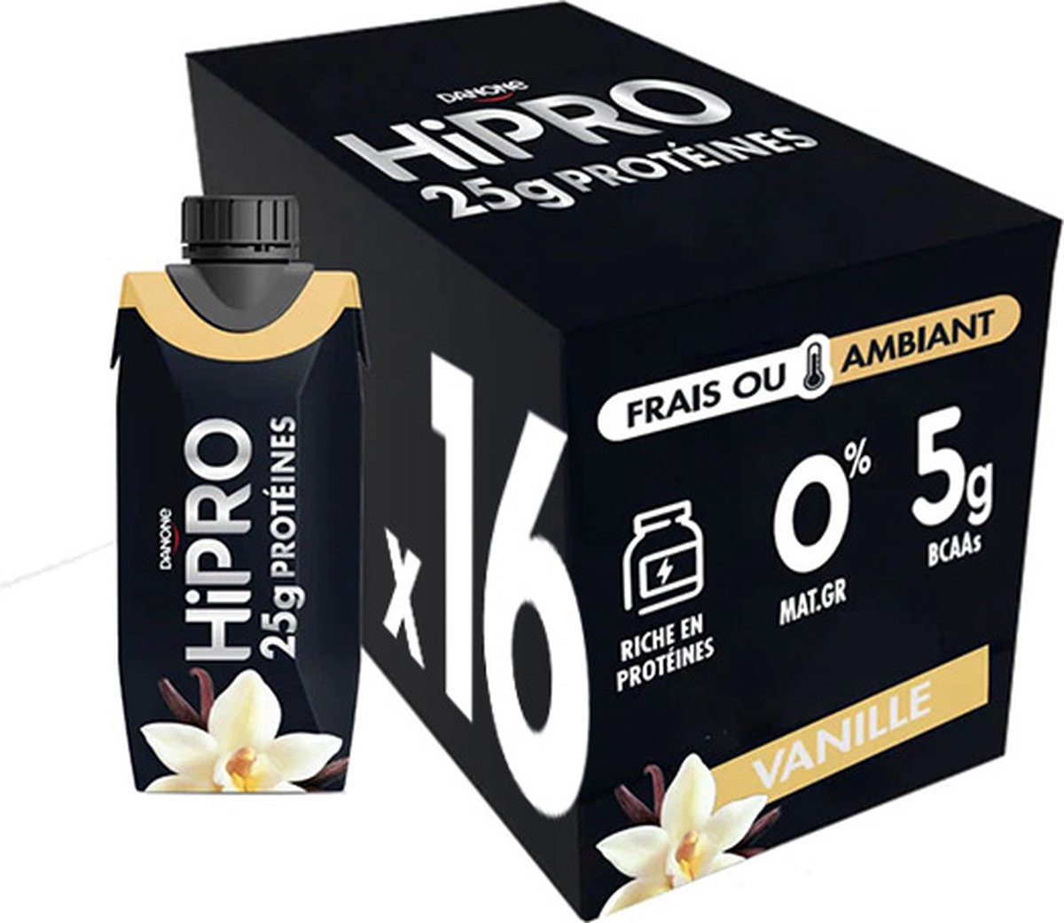 Danone HiPro - Proteïne drank - Vanille - Sportdrank 0% mg - Niet gekoelde brikje met vanillesmaak 25g proteïne - 16 x 330 ml