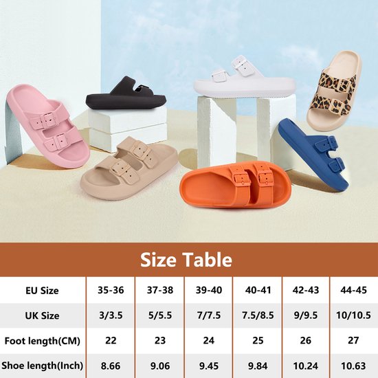 Verschillende kleuren slippers, waaronder khaki, roze, zwart, wit, oranje en blauw.