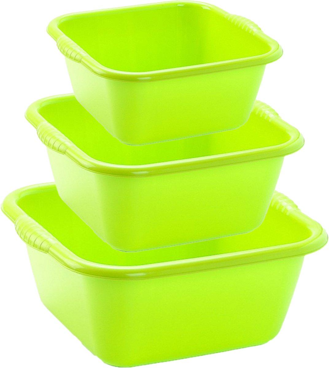 Voordeelset multifunctionele kunststof teiltjes groen in 3 formaten - 10-15-20 liter inhoud