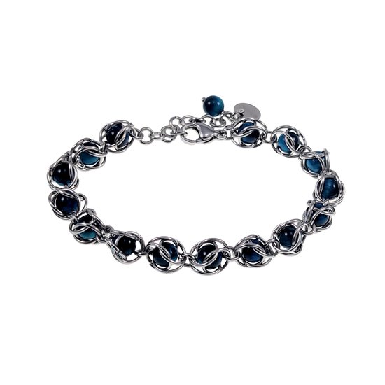 Bracelet Perles Femme - Pierre Naturelle Oeil de Tigre Bleu - Acier Inoxydable Couleur Argent - Bracelet Lien Ajustable