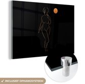 MuchoWow® Glasschilderij 90x60 cm - Schilderij acrylglas - Vrouw - Maan - Zwart - Line art - Foto op glas - Schilderijen