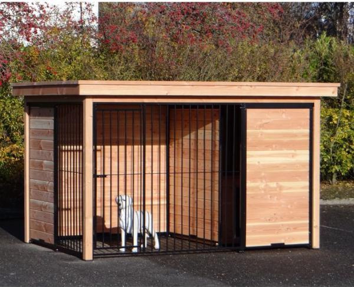 Het architect uitzetten Hondenkennel FORZ zwart/Douglas met houtkader half open zijkant en Luxe  daksysteem... | bol.com