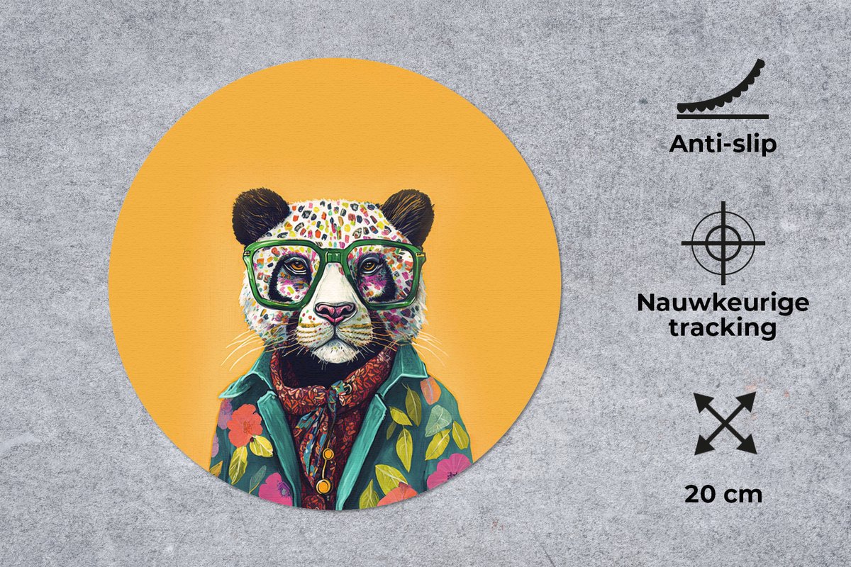 Muismat rond 20x20 cm - Mousepad Panda - Bril - Bloemen - Hippie - Ronde muismatten