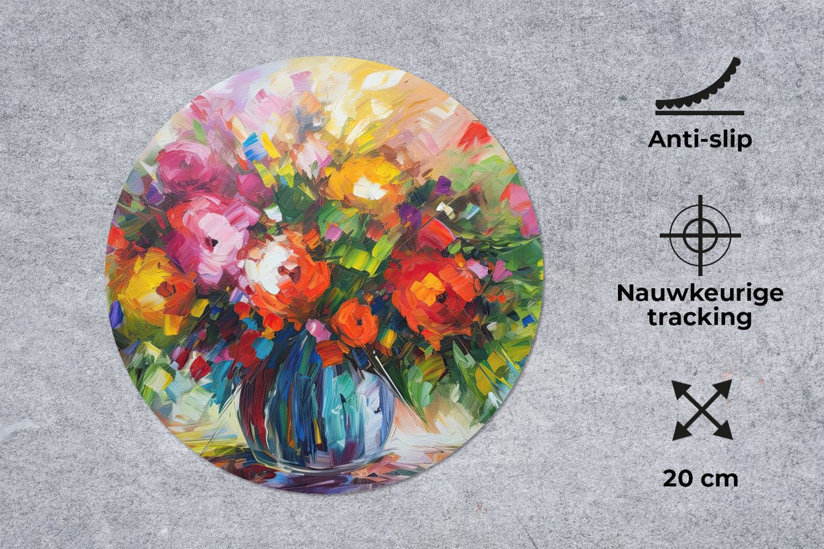 Muismat rond 20x20 cm - Mousepad Bloemen - Kleurrijk - Bloempot - Olieverf - Ronde muismatten