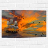 Muursticker - Schilderij van Vogels boven Zeilschip met Dolfijnen en Kleurrijke Lucht - 75x50 cm Foto op Muursticker