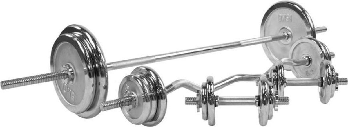 Gorilla Sports Halterset 108 kg - Chroom - Halterstang met Gewichten - 30 mm - Schroefsluiting