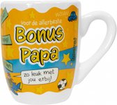 Vaderdag - Cartoon Mok - Voor de allerbeste bonus Papa - In cadeauverpakking met gekleurd krullint