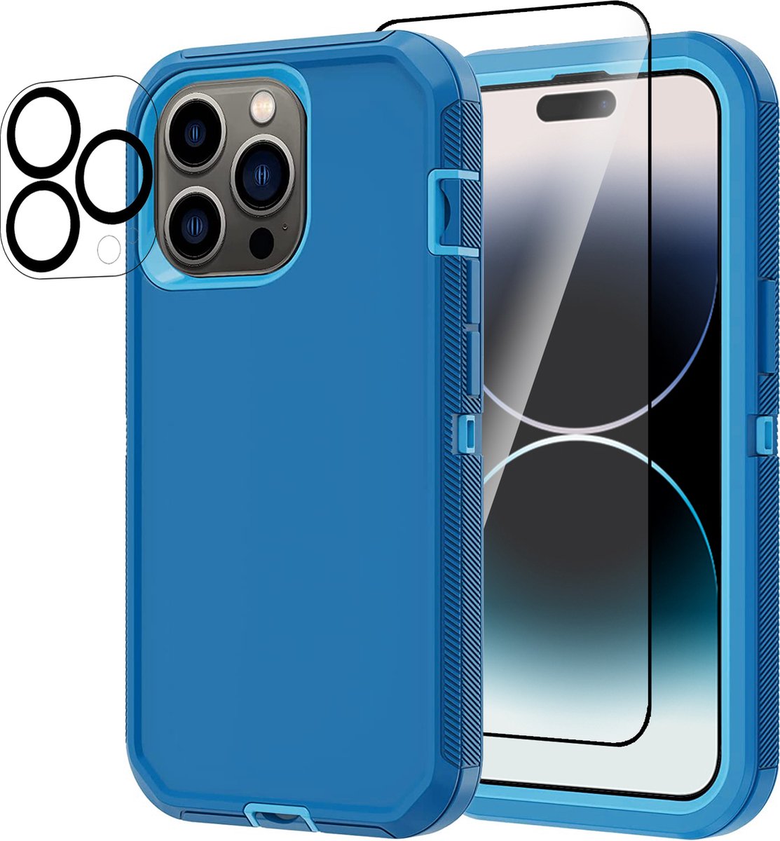 Stravo Heavy Duty iPhone 14 Pro Max case met Screen Protector en Lens Protector - Blauw - Afsluitbaar stofbestendig shockproof telefoonhoes cover bestaande uit 3 lagen inclusief schermbeschermer en lensbeschermer - Geschikt voor iPhone 14 Pro Max